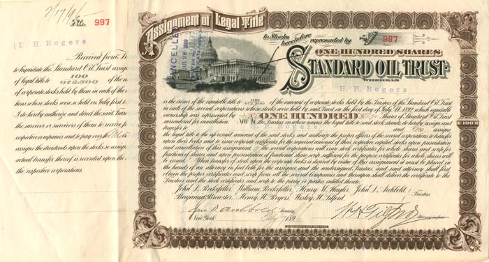 Standard Oil Trust issued to and signed by H.H. Rogers